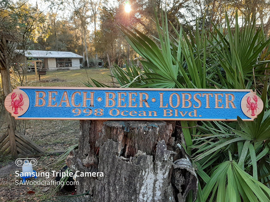 Custom wood outdoor business sign for waterfront bar, coastal business, tropical signage.