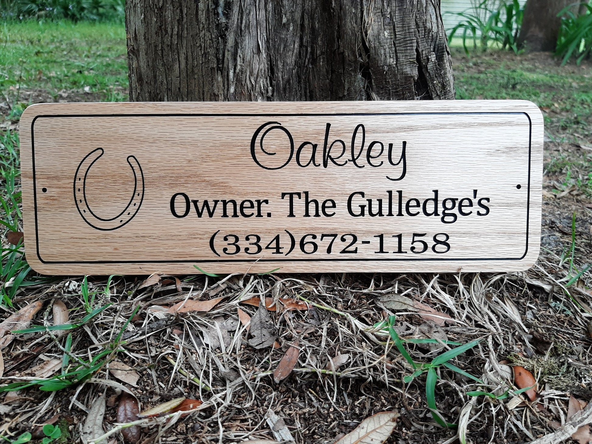 red oak wooden horse stable name plaque with owners name and phone number made in the USA.
