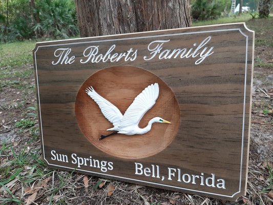 Family Name sign with 3D wood carved Heron, Custom Coastal Art