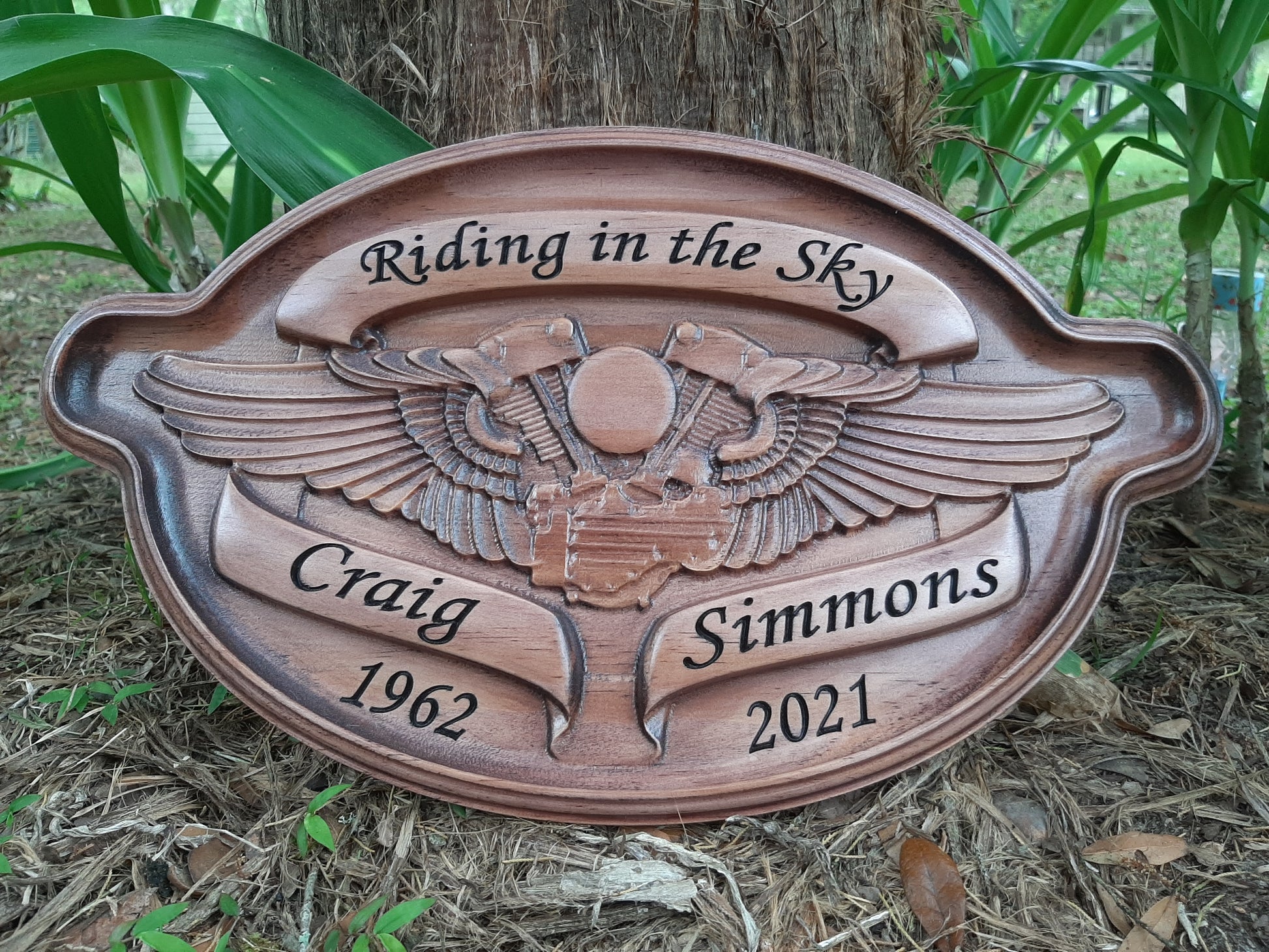 3D wood carved Harley Davidson Biker Memorial Name Plaque made in the USA.