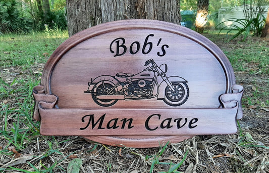 Custom wood engraved Mancave wall art with Harley Davidson motorcycles. Made in the USA.