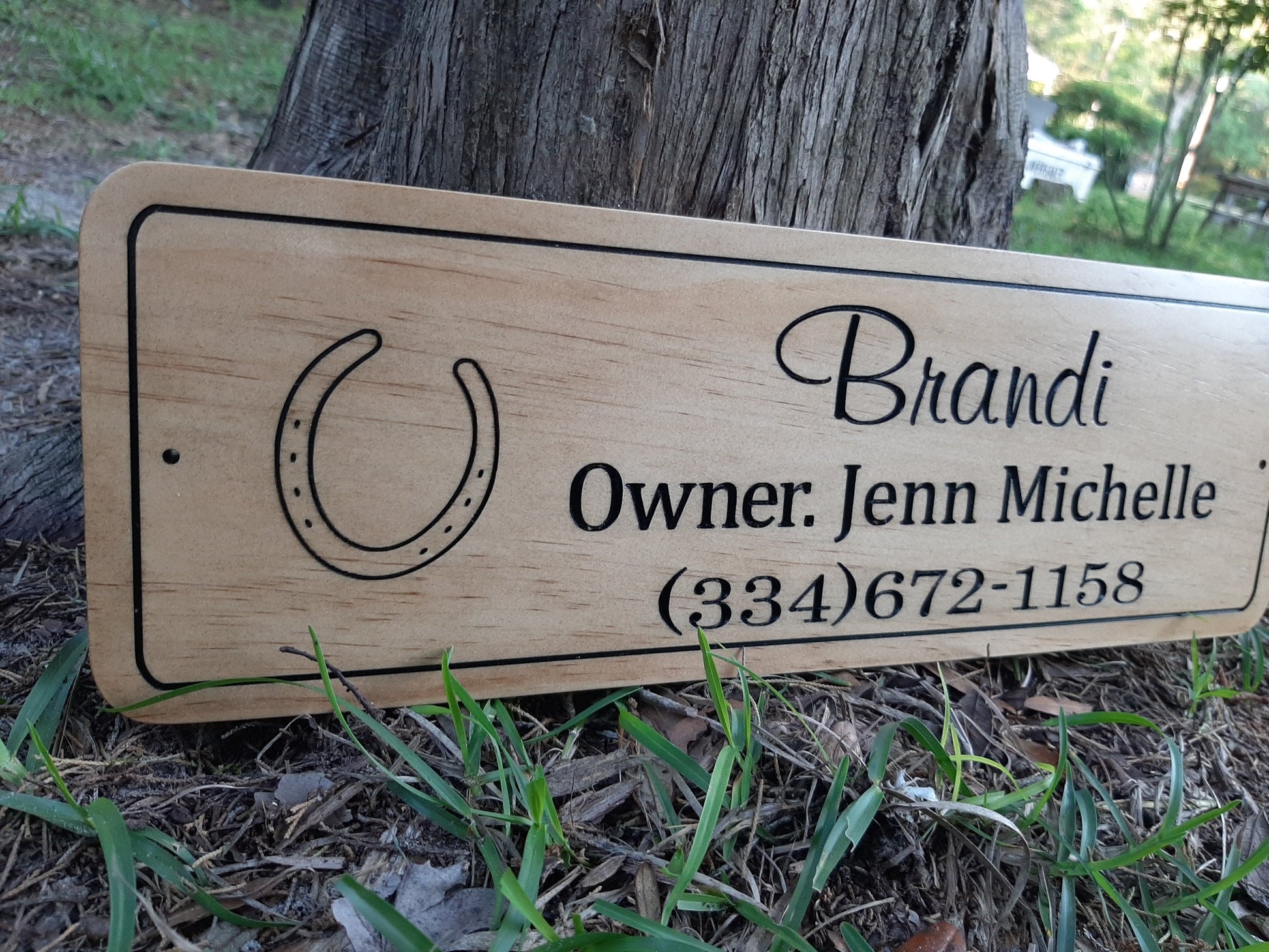 horse stall sign with wood engraved horseshoes