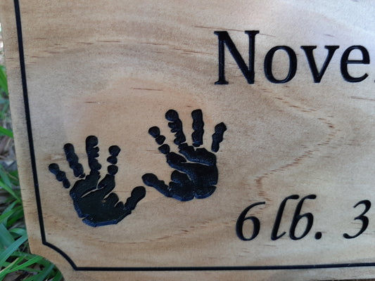 wood carved baby hand prints new baby wall plaque. made in the USA