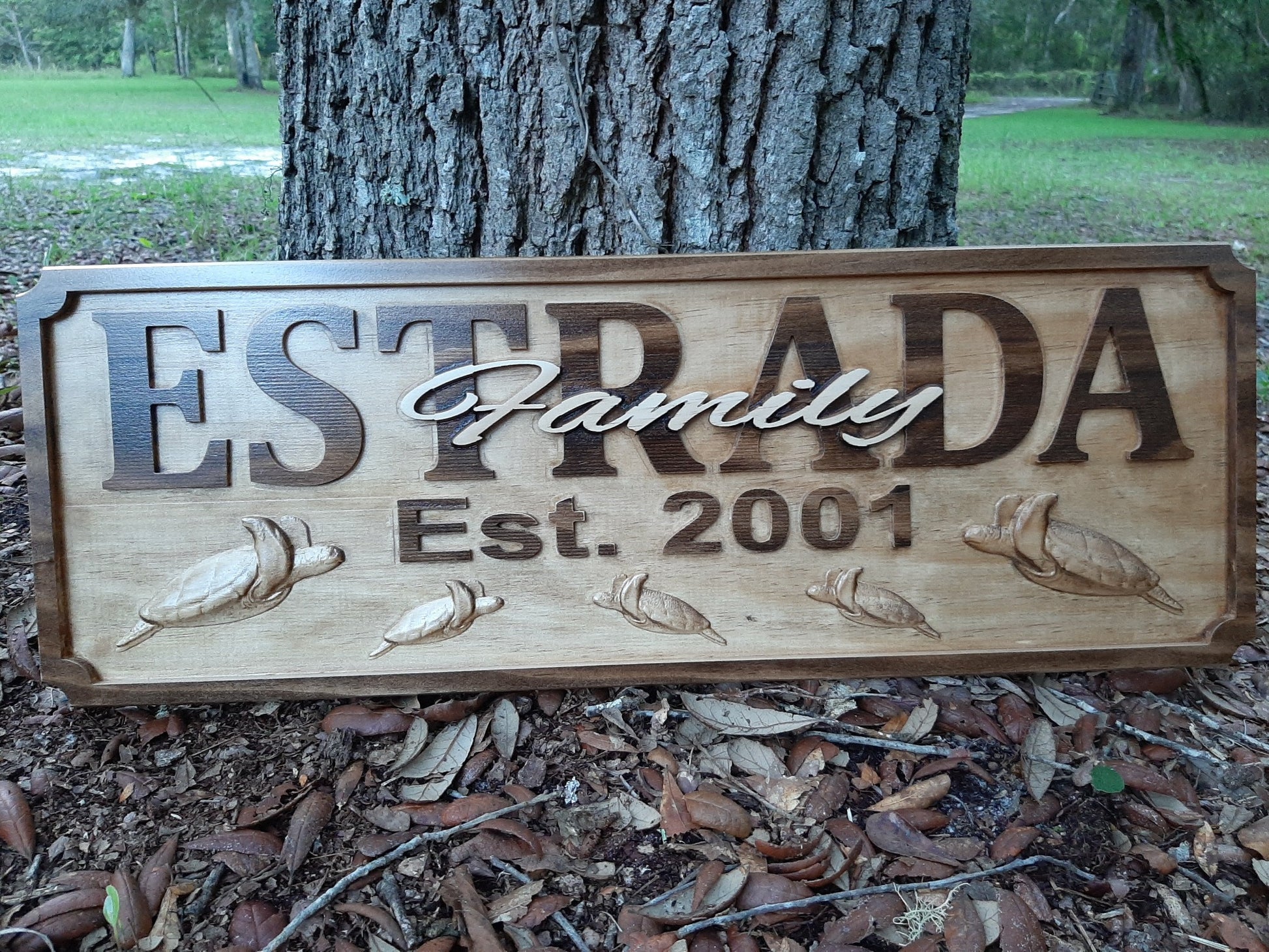 Unique 3D CNC wood carved Family Name sign with Sea Turtles, Nautical Family Name wall art made in the USA.