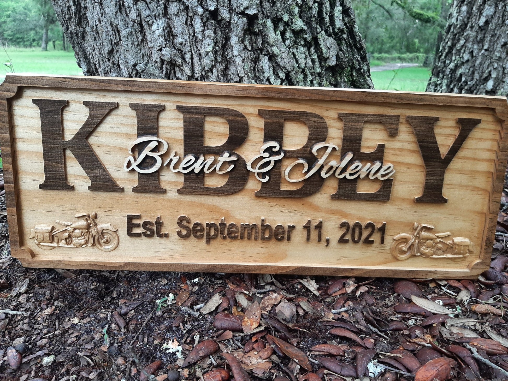 Wedding gift family name sign with Harley Davidson motorcycles