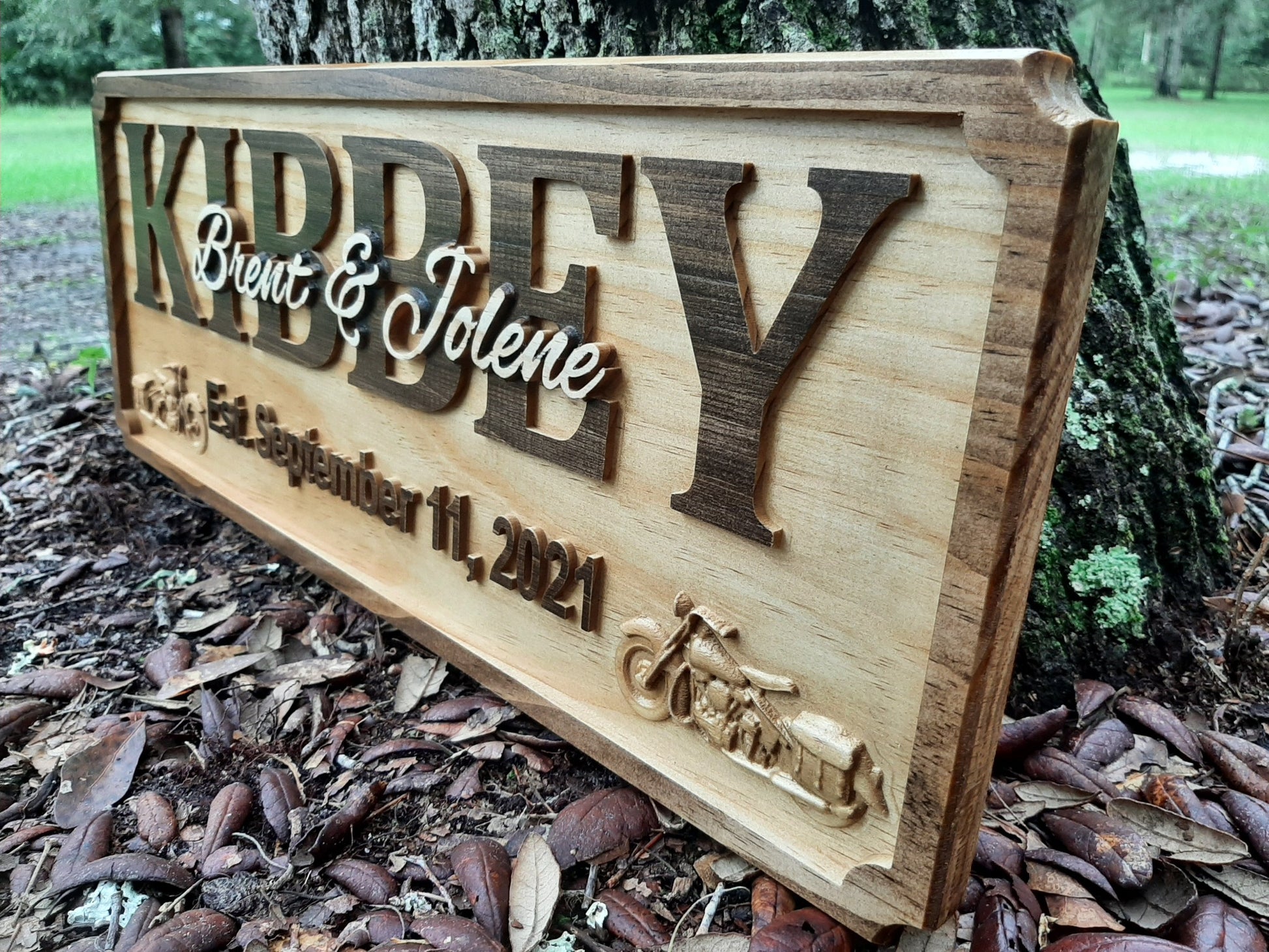 Custom Personalized wooden Name sign, established date sign, wedding gift ideas with Harley motorcycles. Made in the USA.