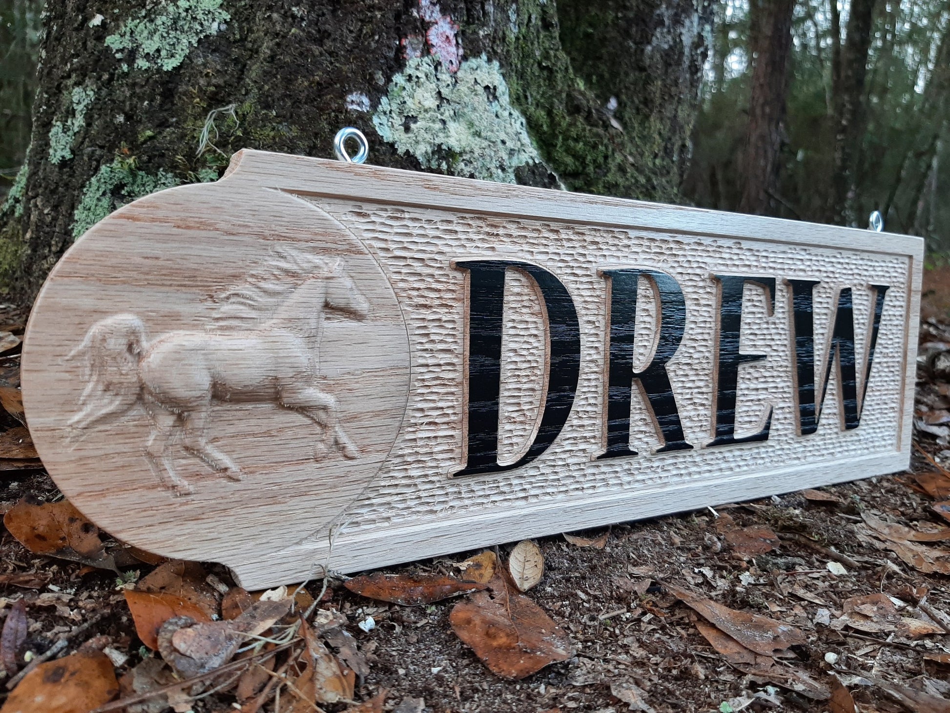 custom red oak wood carved 3d horse name plate