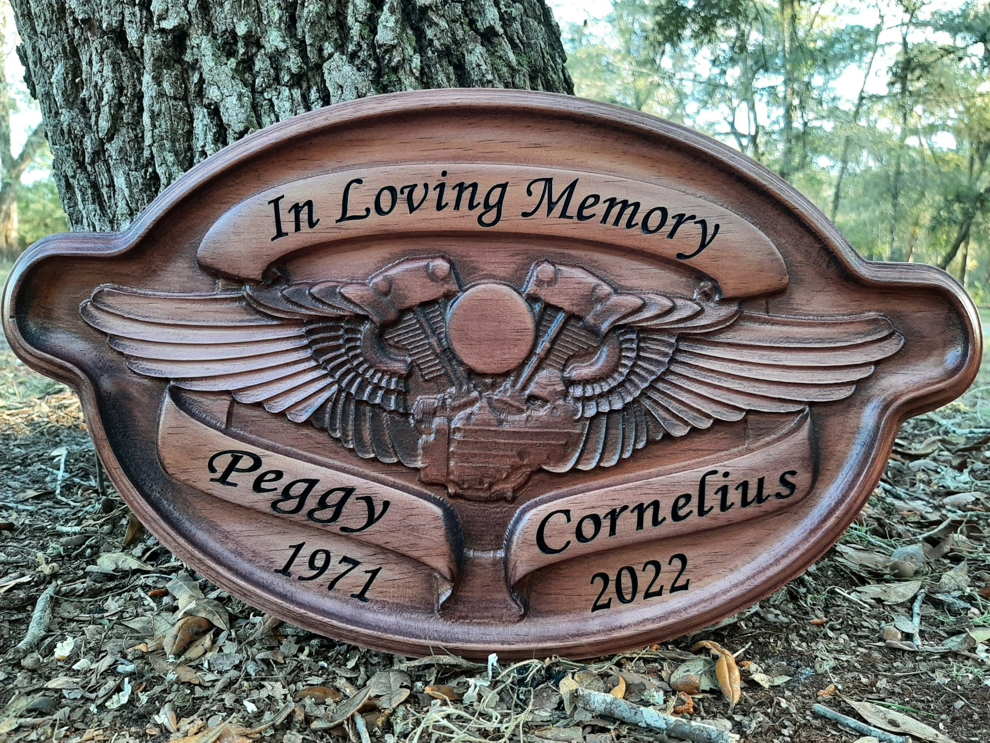 3D wood carved Harley Davidson memorial gift sign made in the USA.