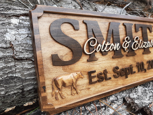 Wall art with angus bull, wood carved family name sign for farmers.