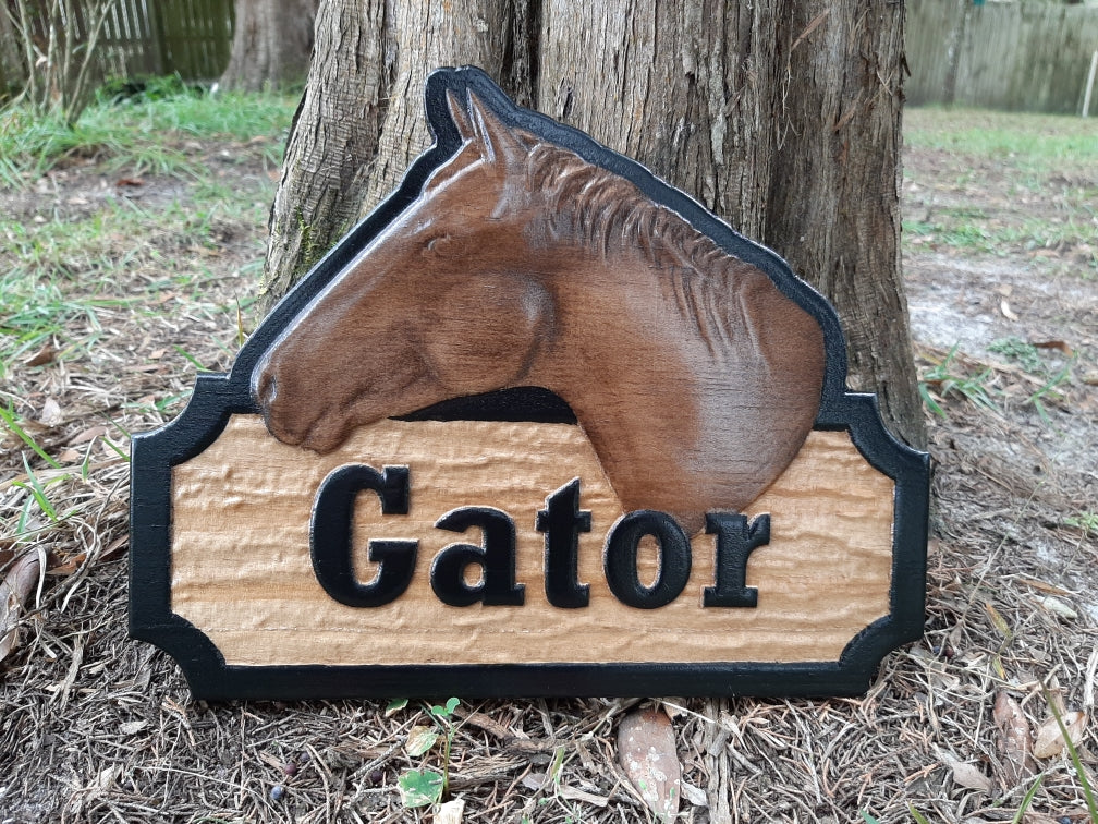 Custom 3D wood carved stall name plate, very unique equine gift for the horse lover. made in the USA.
