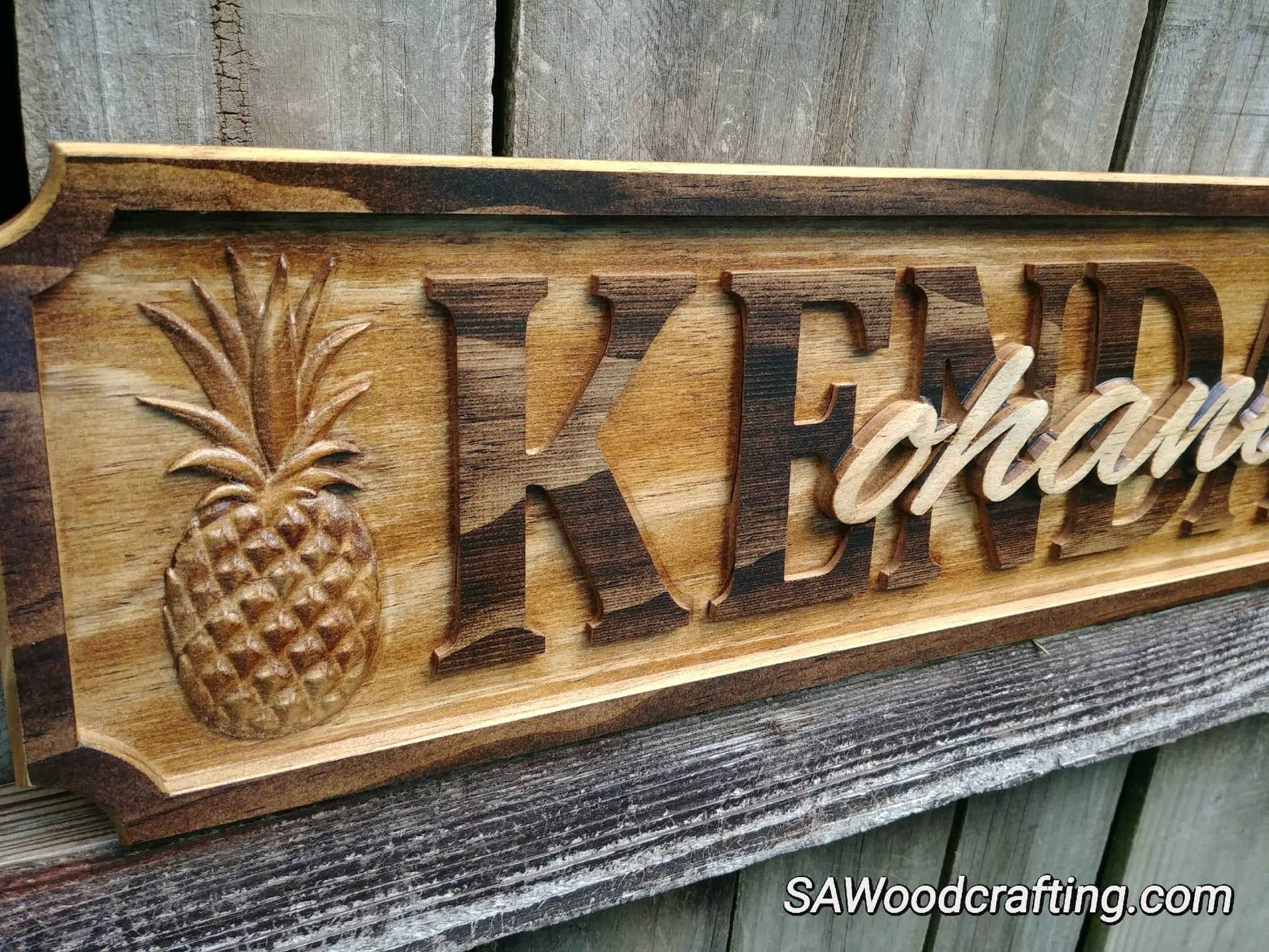 ohana wood carved name sign with pineapples