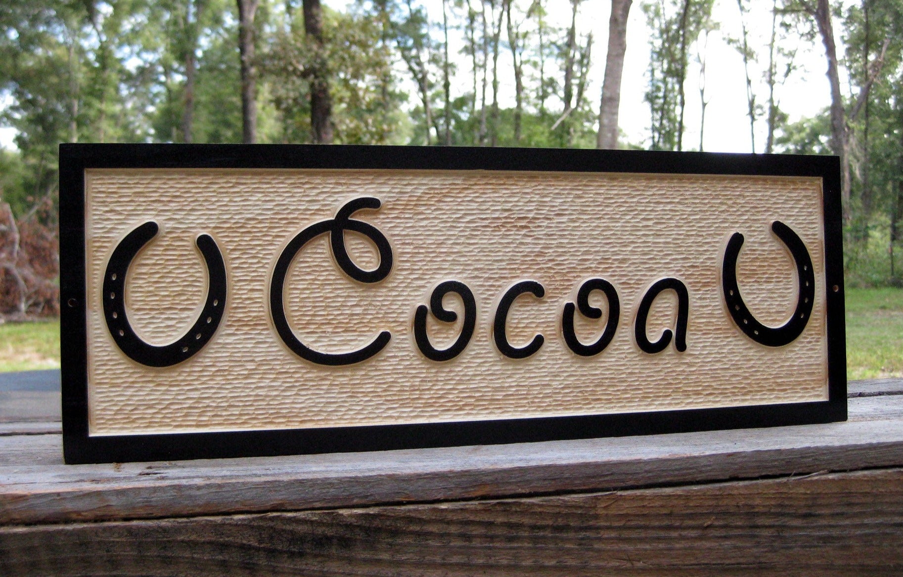 Custom Pine Horse Stall name Plate with Horseshoes