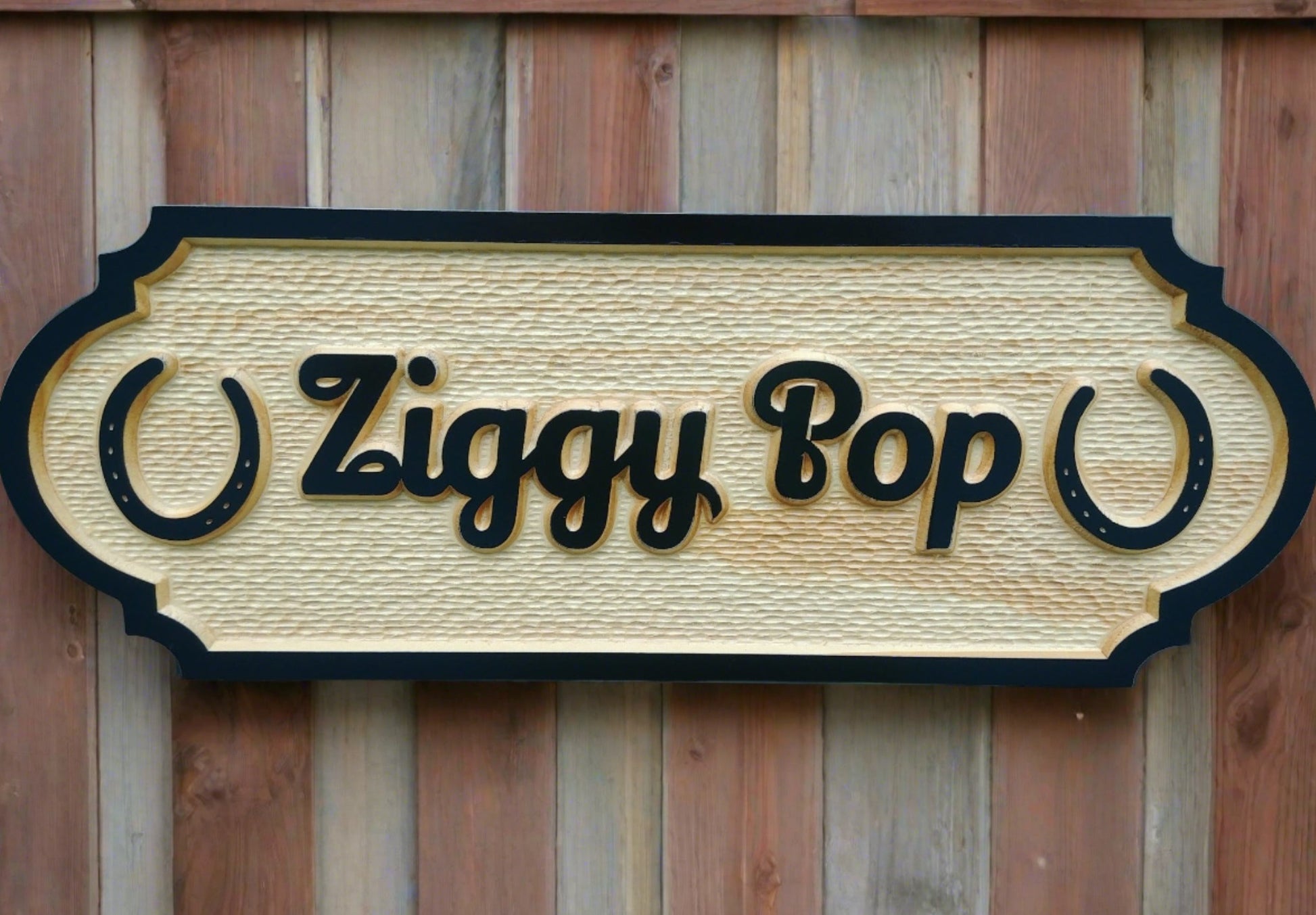 Custom personalized Horse Barn name plaque with Horseshoes. Wood carved quality horse stall name signs made in the USA.