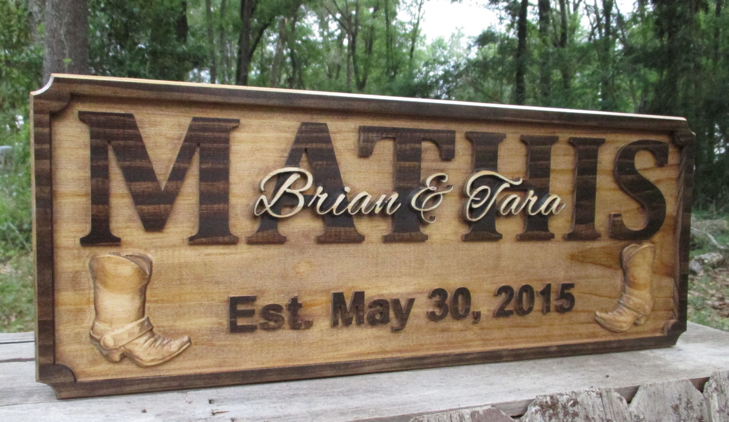 custom wood carved name sign with Cowboy boots.