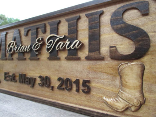 Custom 3d wood carved Wedding gift for the Cowboy or Cowgirl. Personalized Family Last name Established date sign with wood carved Cowboy boots. Made in the USA.