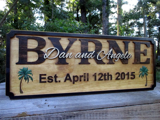 This is a custom carved 3D Tropical themed wedding gift sign. A perfect wedding gift or even anniversary gift. This rustic beauty features 3D carved Palm Trees which are hand painted making this a great way to decorate your tropical home or beach house.
